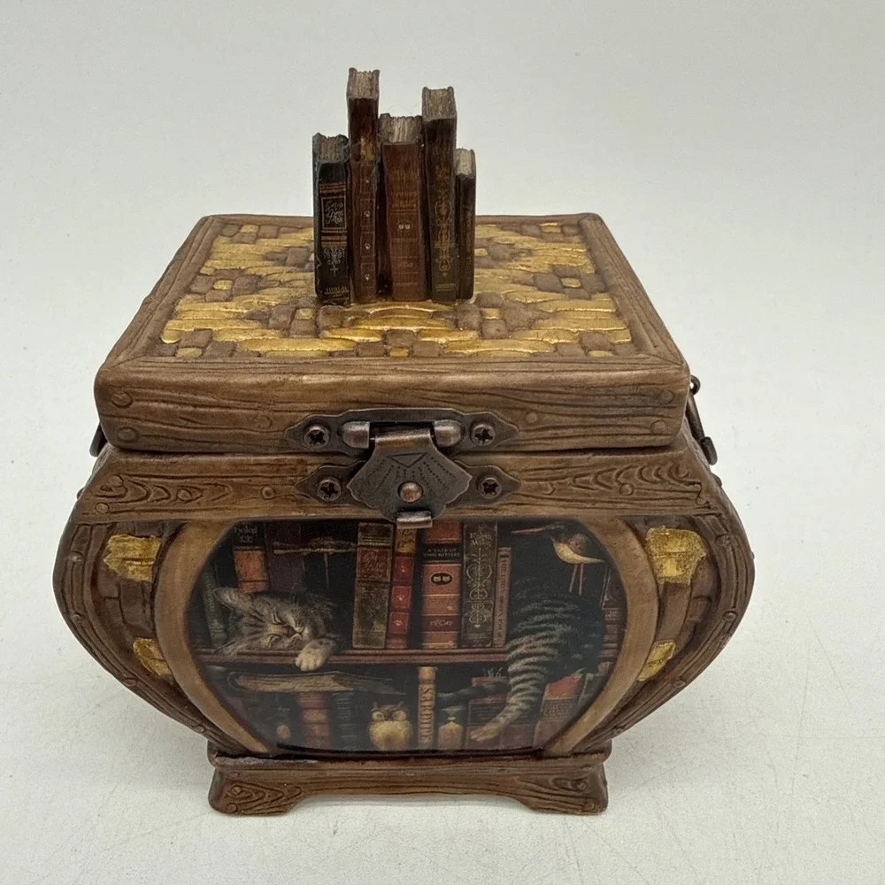 Frederick The Literate Non Working Music Box Cat On Bookshelf Decorative Only